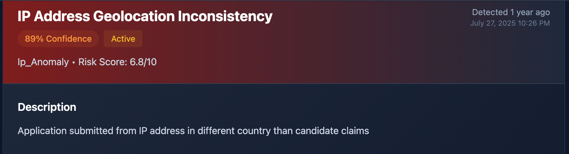 Illustrative Scout alert showing an IP geolocation inconsistency